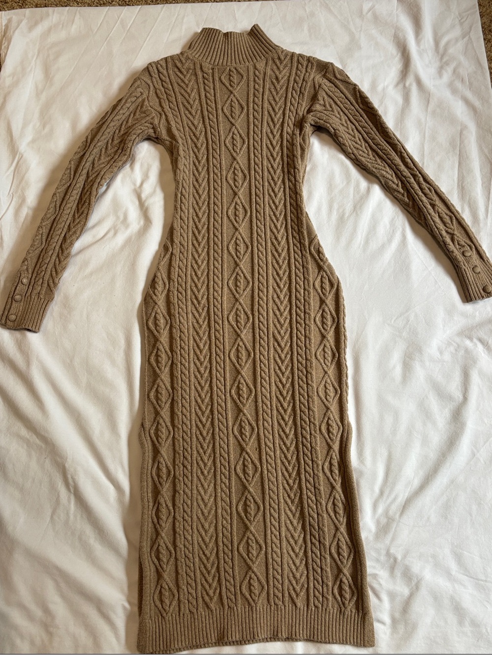 Cable Knit Turtleneck Sweater Dress - Taupe
